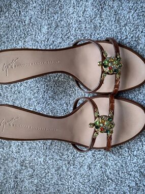 Giuseppe Zanotti Vintage Brown Leather Jeweled Strappy Sandal Heels